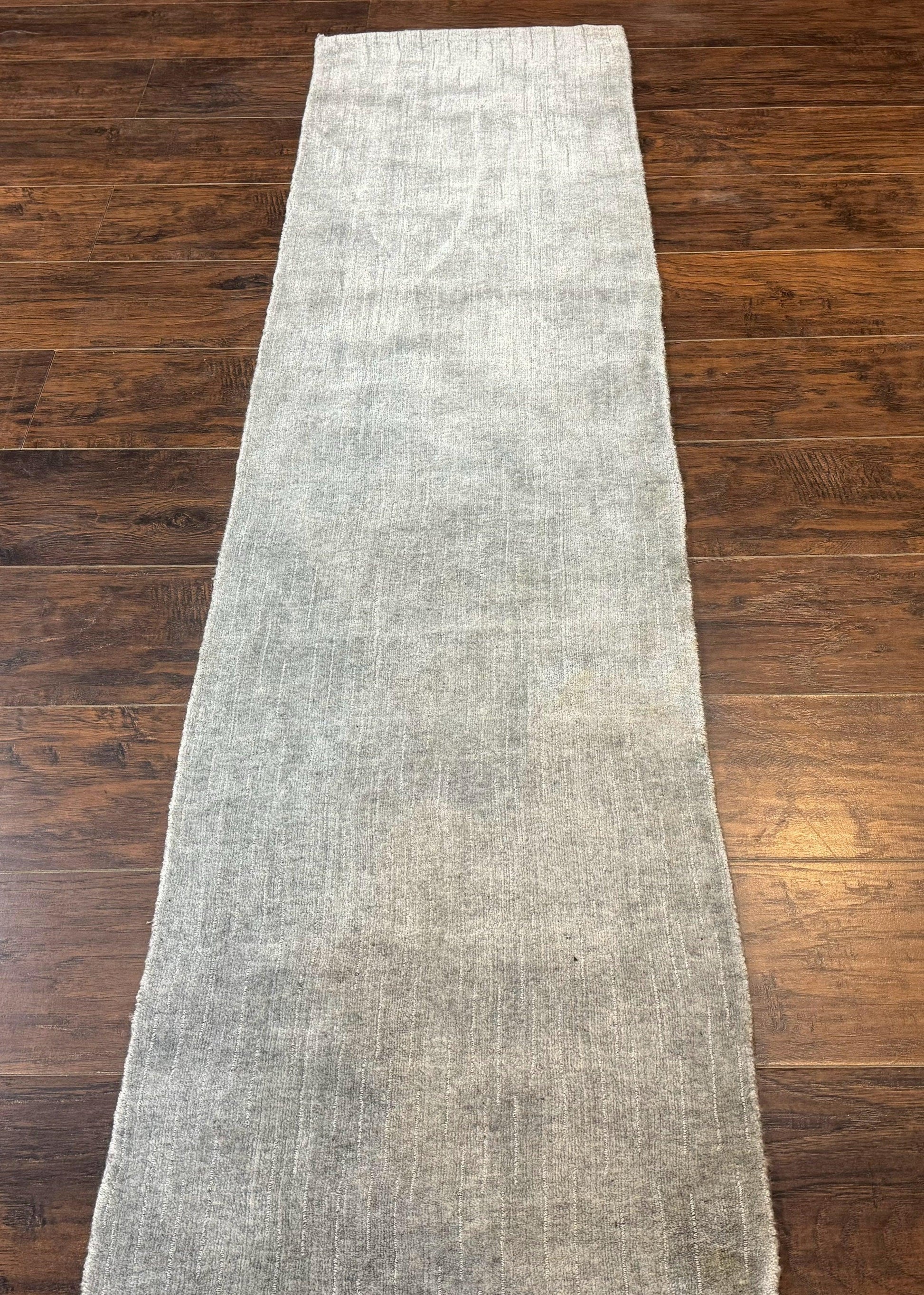 Modern Tibetan Runner Rug 1.9 x 8.6, Wool and Silk Highlights, Gray/Silver, Narrow Runner for Hallway or Kitchen - Nuvé