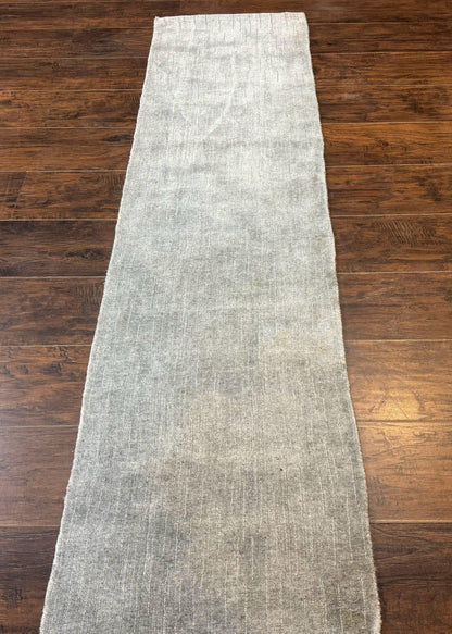 Modern Tibetan Runner Rug 1.9 x 8.6, Wool and Silk Highlights, Gray/Silver, Narrow Runner for Hallway or Kitchen - Nuvé