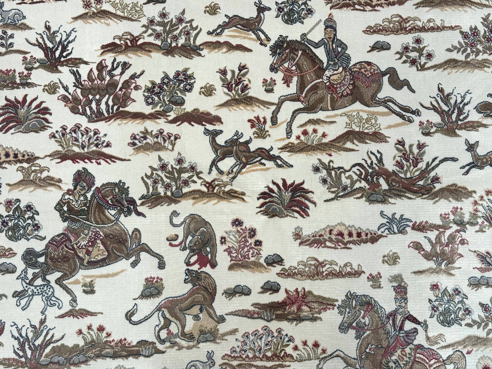 Turkish Silk Rug 5x8, Ivory, Hunting Design, Animal Pictorials, Bamboo Silk - Nuvé