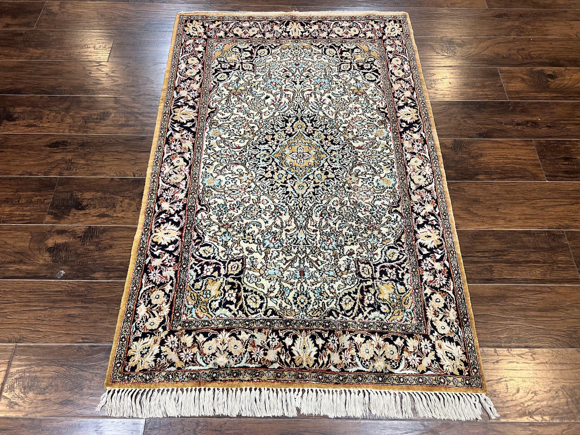 Silk Persian Qum Rug 4x5, Hand Knotted Vintage Carpet, Cream & Navy Blue, Silk Pile on Silk Foundation, Very Fine 360 KPSI - Nuvé