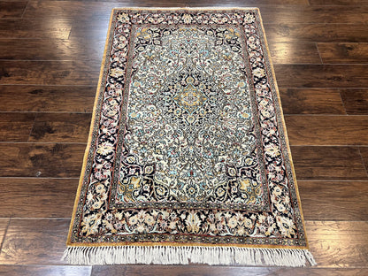 Silk Persian Qum Rug 4x5, Hand Knotted Vintage Carpet, Cream & Navy Blue, Silk Pile on Silk Foundation, Very Fine 360 KPSI - Nuvé