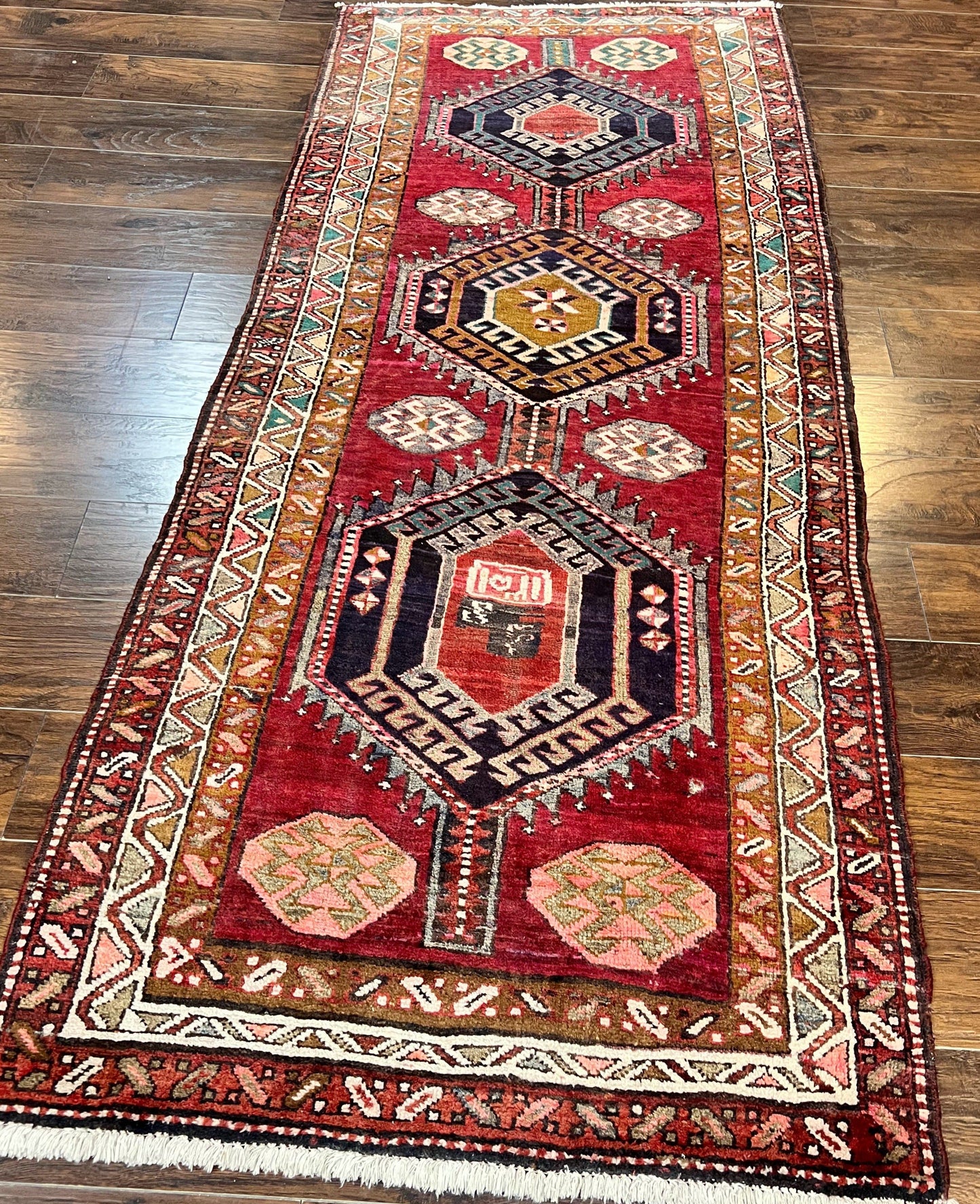 Persian Heriz Runner Rug 3.8 x 8.6, Geometric Design, Large Triple Medallions, Hand Knotted Handmade Vintage Wool Hallway Rug, Red