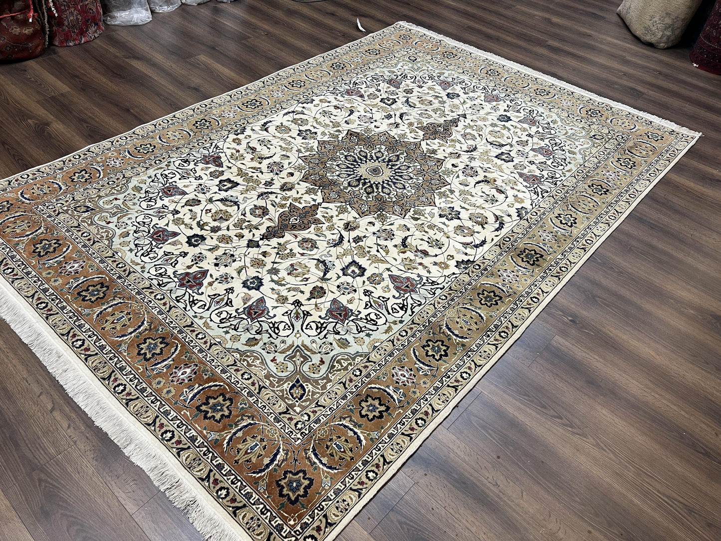 Wonderful Persian Tabriz Rug 7x10, Floral Medallion, Very Fine Oriental Carpet, Ivory - Nuvé