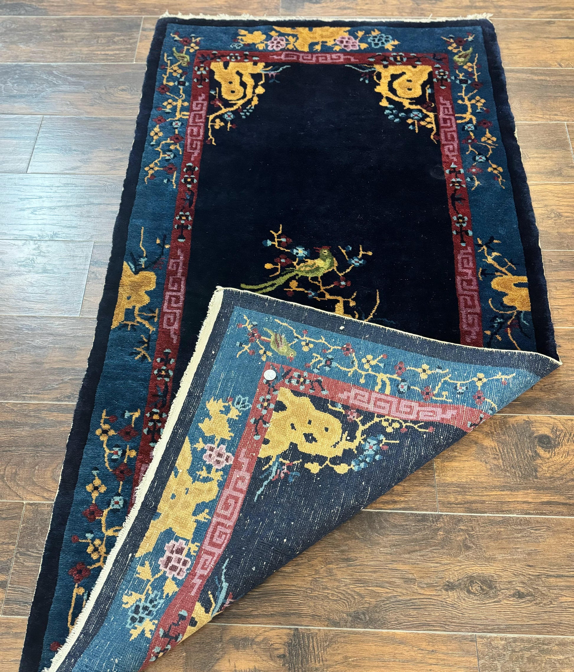 Antique Chinese Peking Rug 3x6, Dark Blue, Bird Motif, Handmade Wool Art Deco Asian Oriental Carpet, Pair A - Nuvé