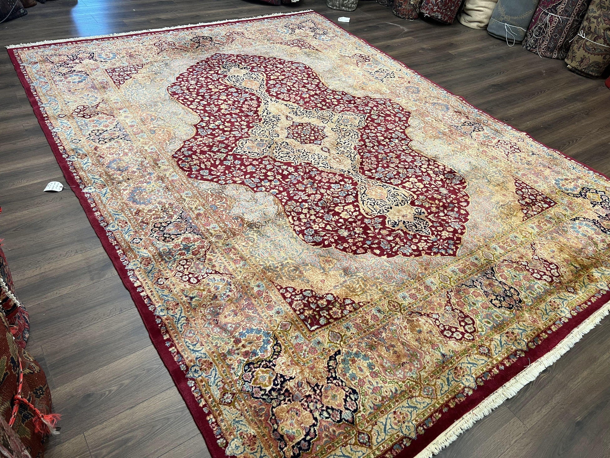 Persian Rug 9x12, Kirman DeLuxe, Millefleur Floral Medallion Carpet, Maroon Light Blue Beige, Semi Antique Authentic Hand Knotted Wool Rug - Nuvé
