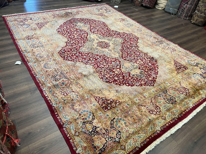 Persian Rug 9x12, Kirman DeLuxe, Millefleur Floral Medallion Carpet, Maroon Light Blue Beige, Semi Antique Authentic Hand Knotted Wool Rug - Nuvé