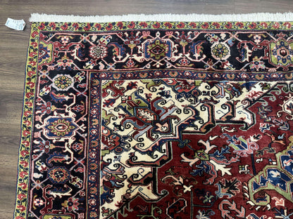Antique Persian Heriz Rug 8x11, Geometric Tribal Wool Carpet, Brick Red - Nuvé