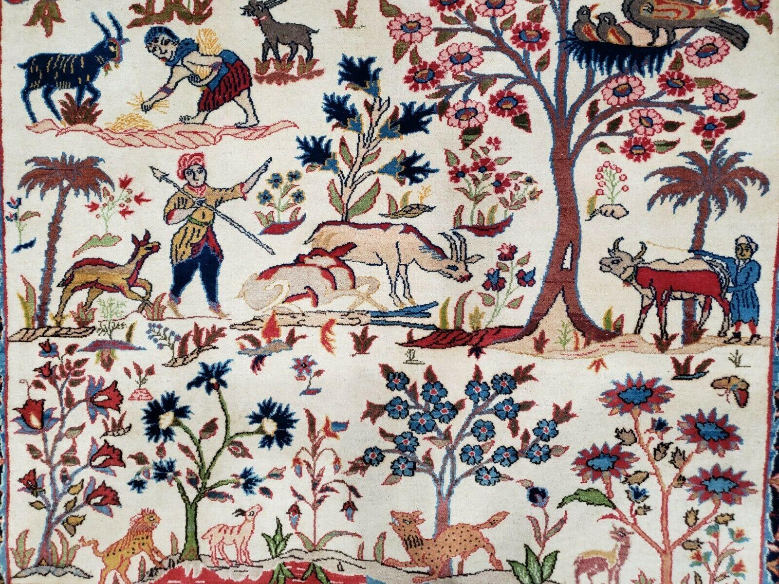 Antique Persian Isfahan Rug 5x7, Animal and Human Pictorials, Hand Knotted Fine Oriental Wool Carpet, Cream and Red, High KPSI, Vintage Rug 5 x 7 ft - Nuvé