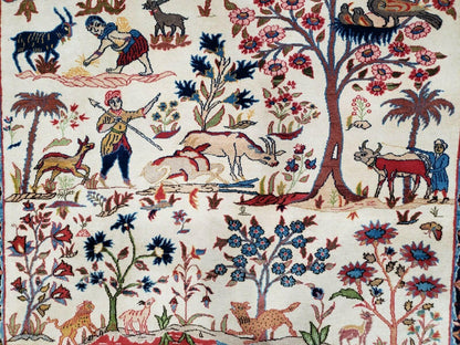 Antique Persian Isfahan Rug 5x7, Animal and Human Pictorials, Hand Knotted Fine Oriental Wool Carpet, Cream and Red, High KPSI, Vintage Rug 5 x 7 ft - Nuvé