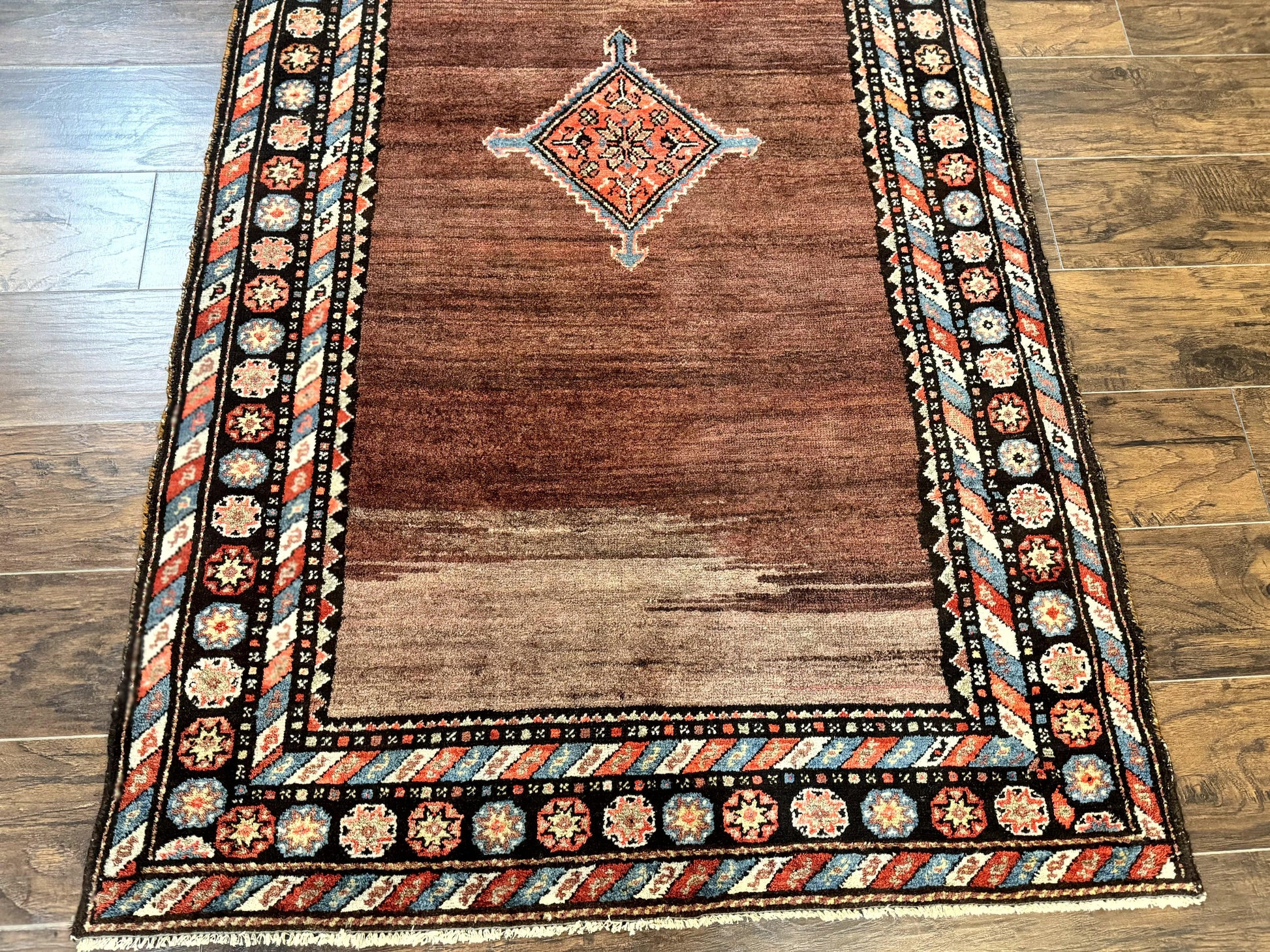 Antique Persian Rug 4x7, Sarab Tribal Wool Carpet, Brown and Multicolor, Handmade Wide Runner Rug 4 x 7, Open Field, Rainbow Border - Nuvé