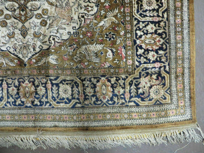Handmade Silk Rug 3x5, Vintage Antique Silk Carpet, Hand-Knotted Oriental Rug 3 x 5, Animal Motifs, Deer Birds, One-Of-A-Kind - Nuvé