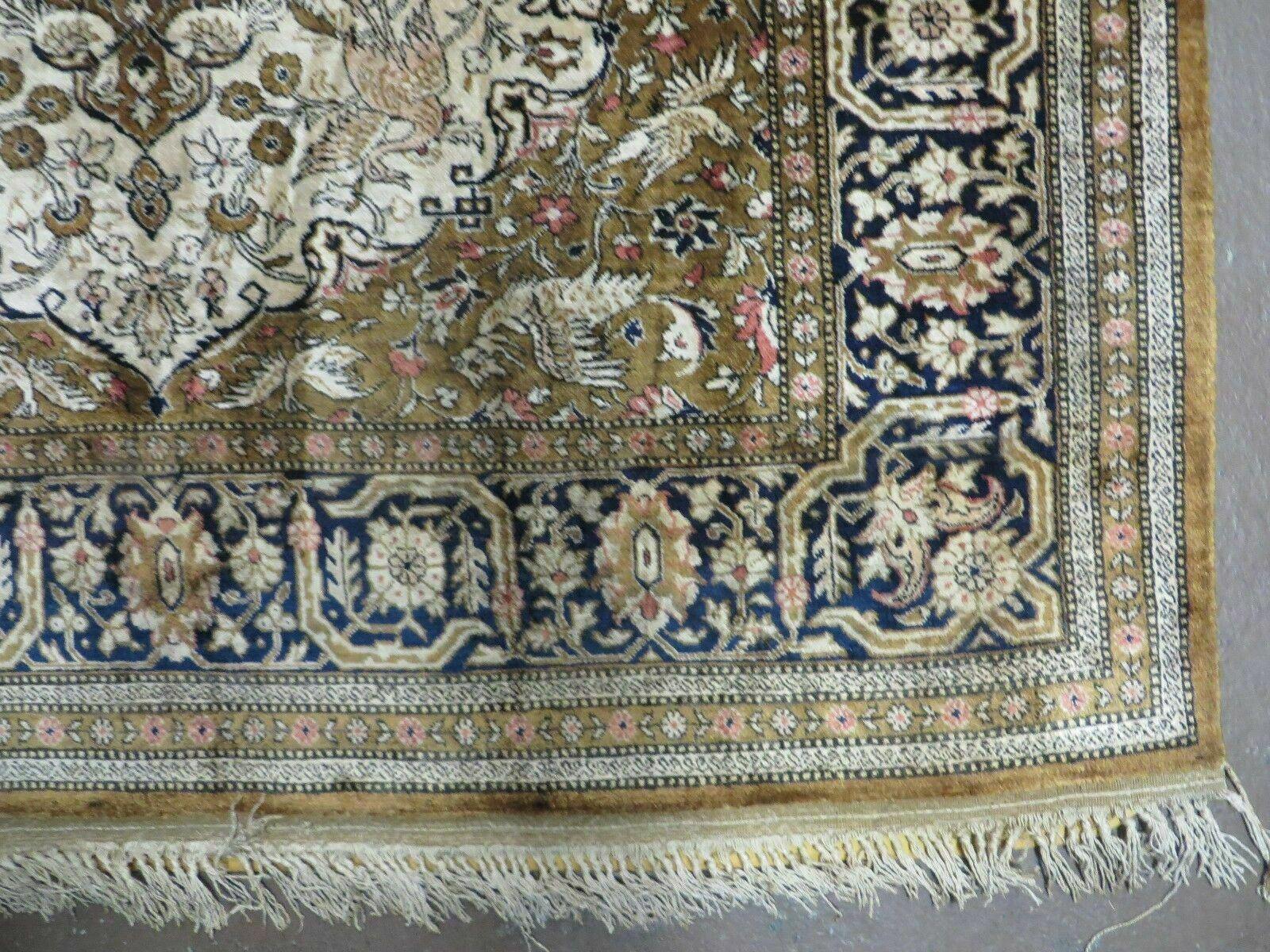 Handmade Silk Rug 3x5, Vintage Antique Silk Carpet, Hand-Knotted Oriental Rug 3 x 5, Animal Motifs, Deer Birds, One-Of-A-Kind - Nuvé