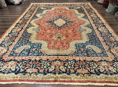 Antique Persian Sarouk Rug 9x12, Boteh Paisleys, Light Red Navy Blue - Nuvé