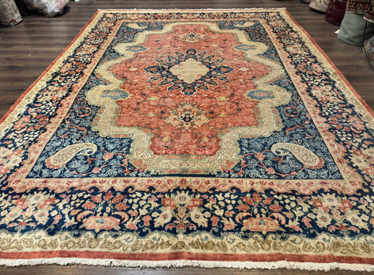 Antique Persian Sarouk Rug 9x12, Boteh Paisleys, Light Red Navy Blue - Nuvé