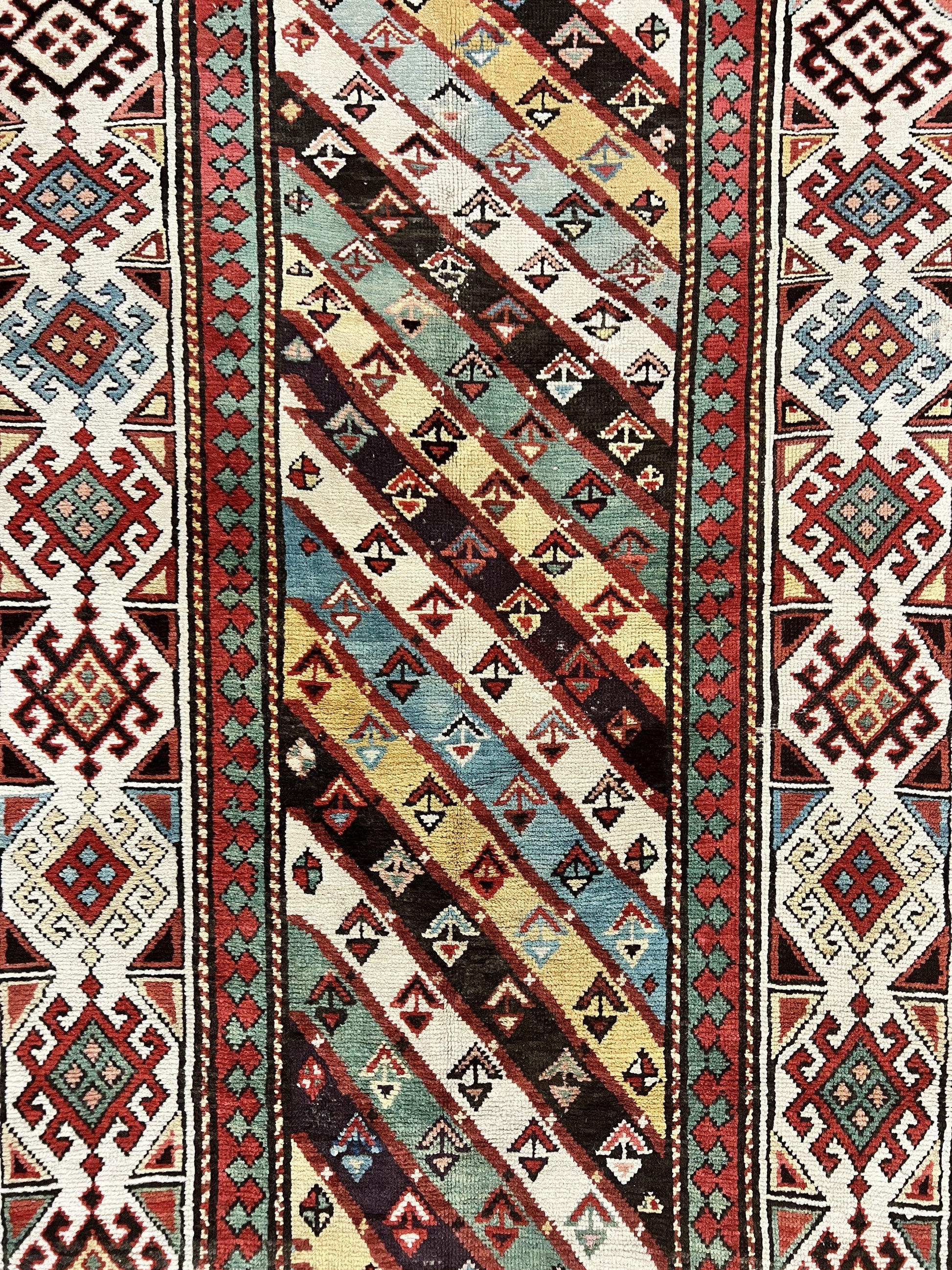 Caucasian Kazak Runner Rug 3.6 x 8, Wool Hand Knotted Antique 1880s Carpet, Ivory & Multicolor Stripes Oriental Runner Rug, Hallway Rug - Nuvé