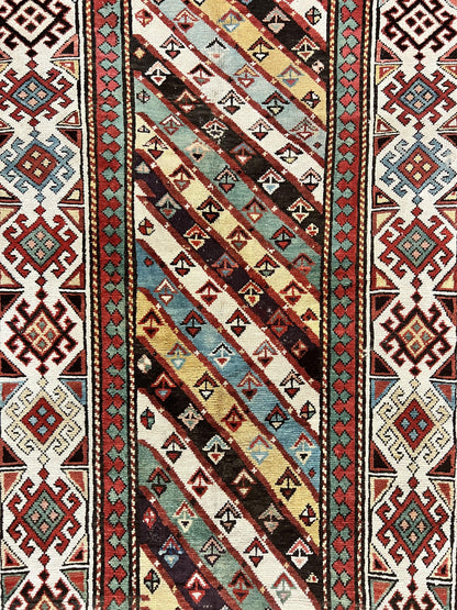 Caucasian Kazak Runner Rug 3.6 x 8, Wool Hand Knotted Antique 1880s Carpet, Ivory & Multicolor Stripes Oriental Runner Rug, Hallway Rug - Nuvé