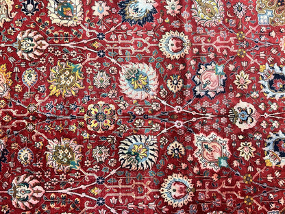 Persian Tabriz Rug 10x12, Floral Allover, Handmade Vintage Wool Carpet, Red and Cream - Nuvé