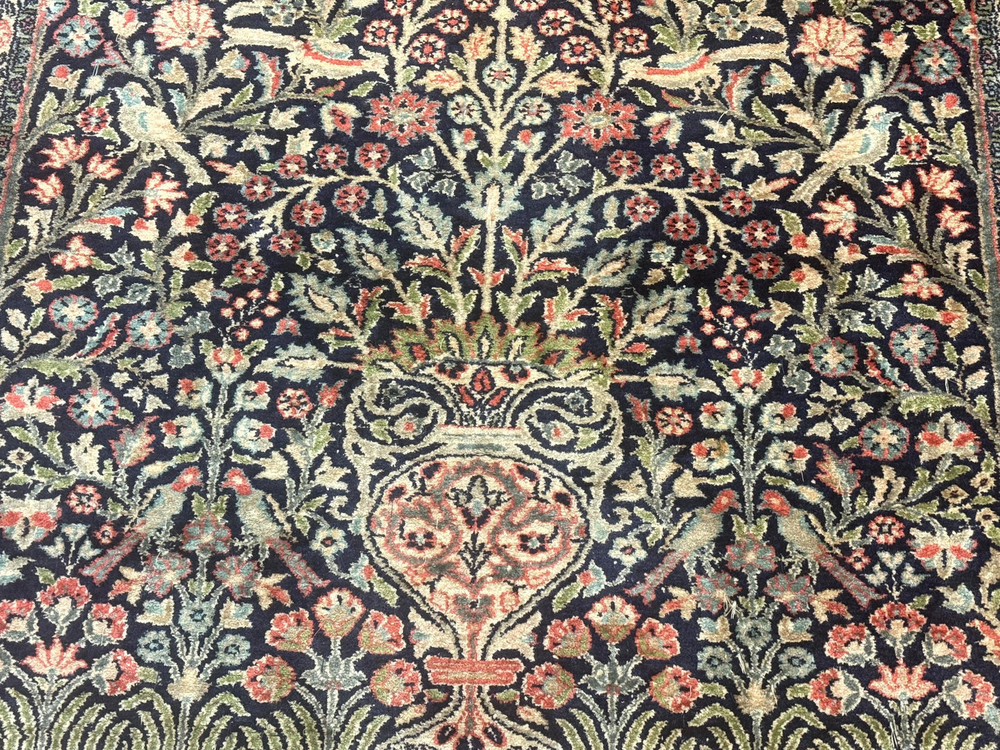 Silk Indian Kashmiri Rug 4x6, Tree of Life Pattern, Birds, Fine 290 KPSI, Navy Blue and Red, Handmade Oriental Carpet - Nuvé