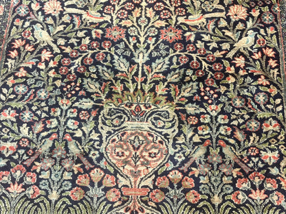 Silk Indian Kashmiri Rug 4x6, Tree of Life Pattern, Birds, Fine 290 KPSI, Navy Blue and Red, Handmade Oriental Carpet - Nuvé