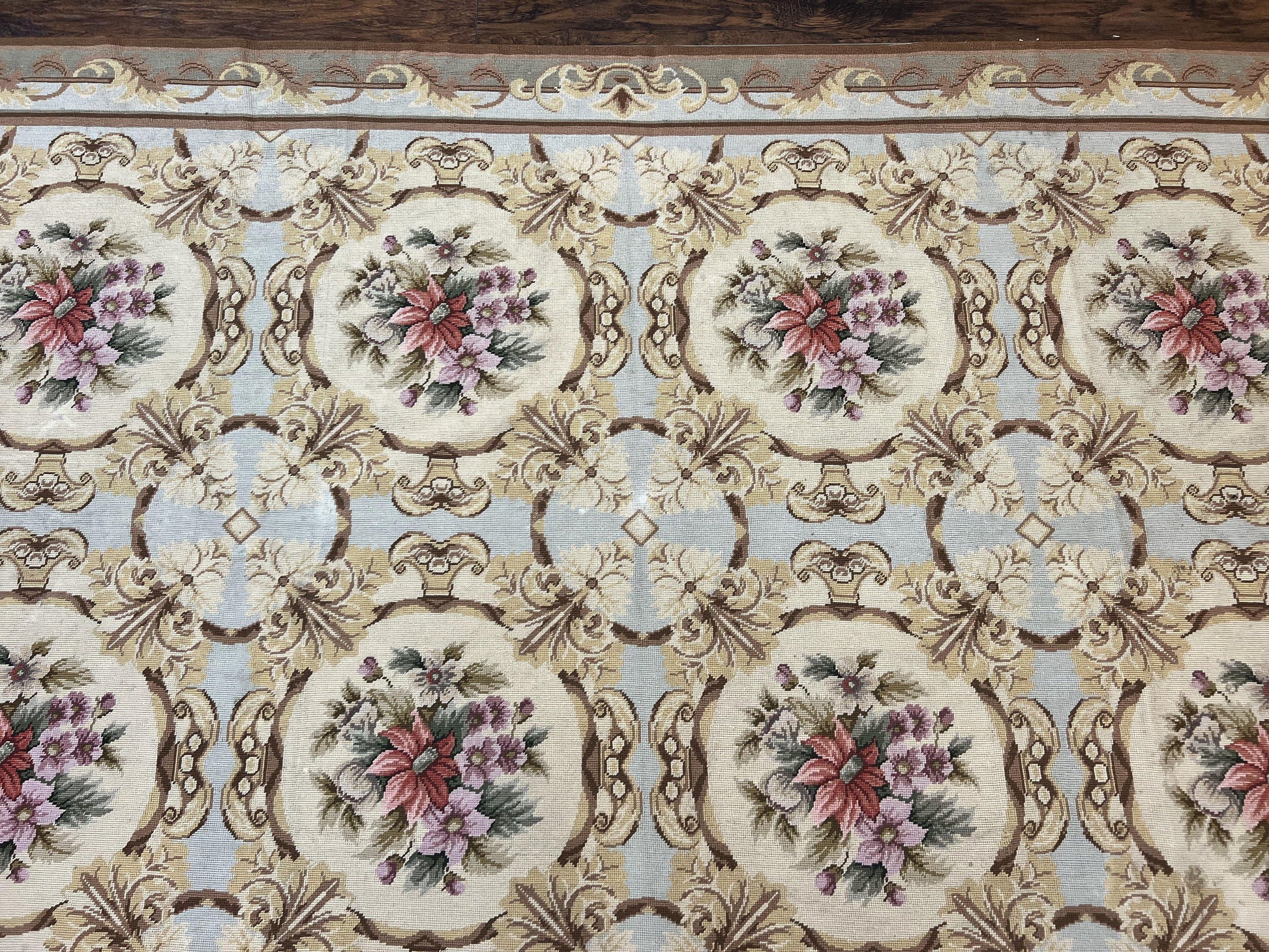 Chinese Needlepoint Rug 8x11, Handmade Wool Needlepoint Carpet, Vintage, Sky Blue - Nuvé