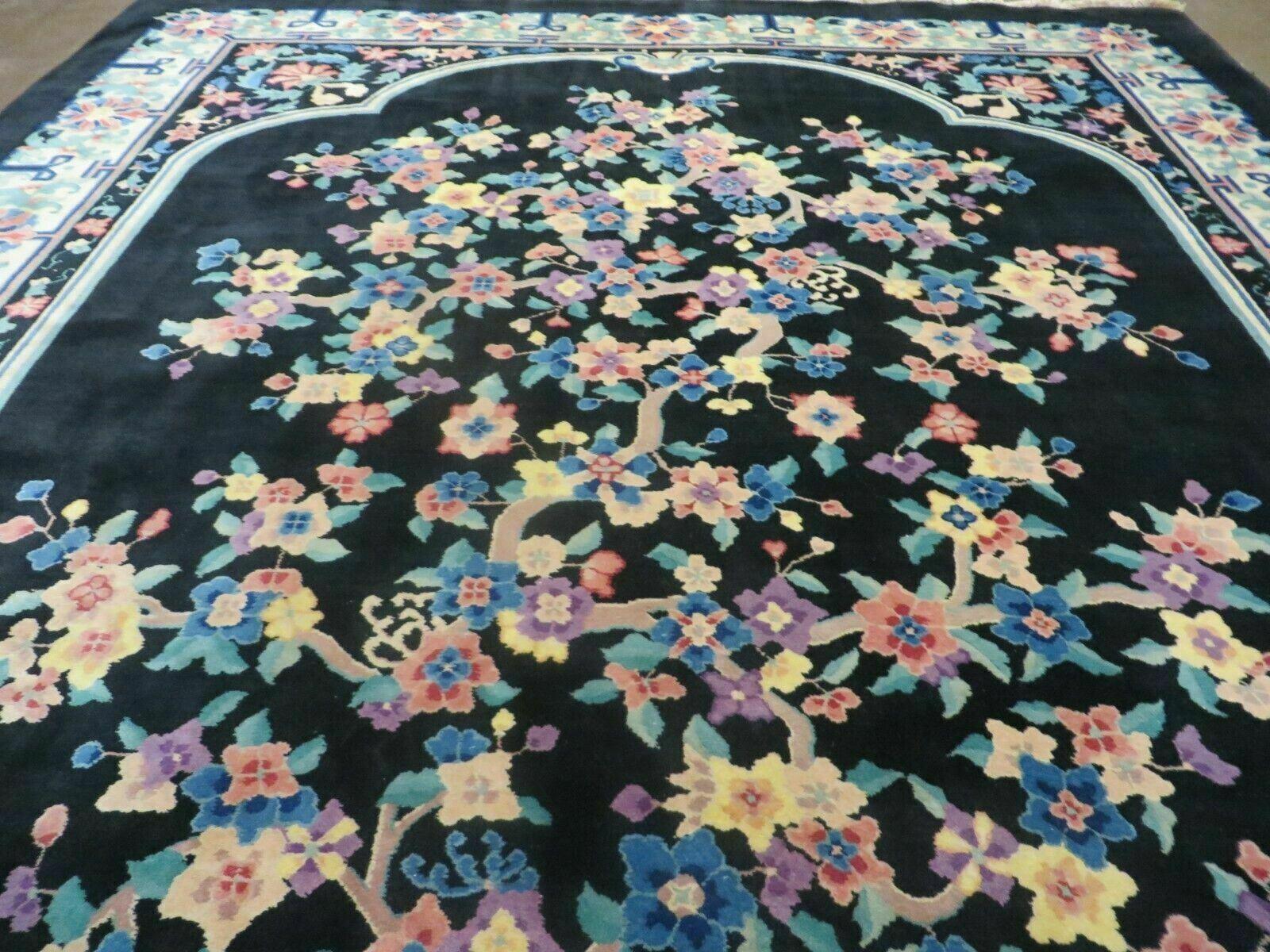 8' x 10' Vintage Handmade Art Deco Plush Chinese Wool Rug center Flower Black - Nuvé