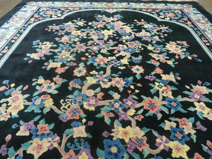 8' x 10' Vintage Handmade Art Deco Plush Chinese Wool Rug center Flower Black - Nuvé