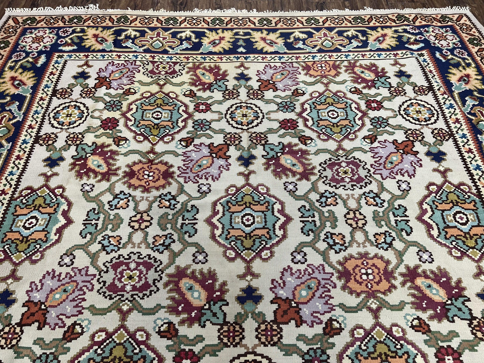 Antique Turkish Kilim Rug 7x10 Allover Pattern, Ivory Cream Maroon Light Blue, Wool Flatweave Hand Woven, Large Kilim, Vintage Kilim Carpet - Nuvé