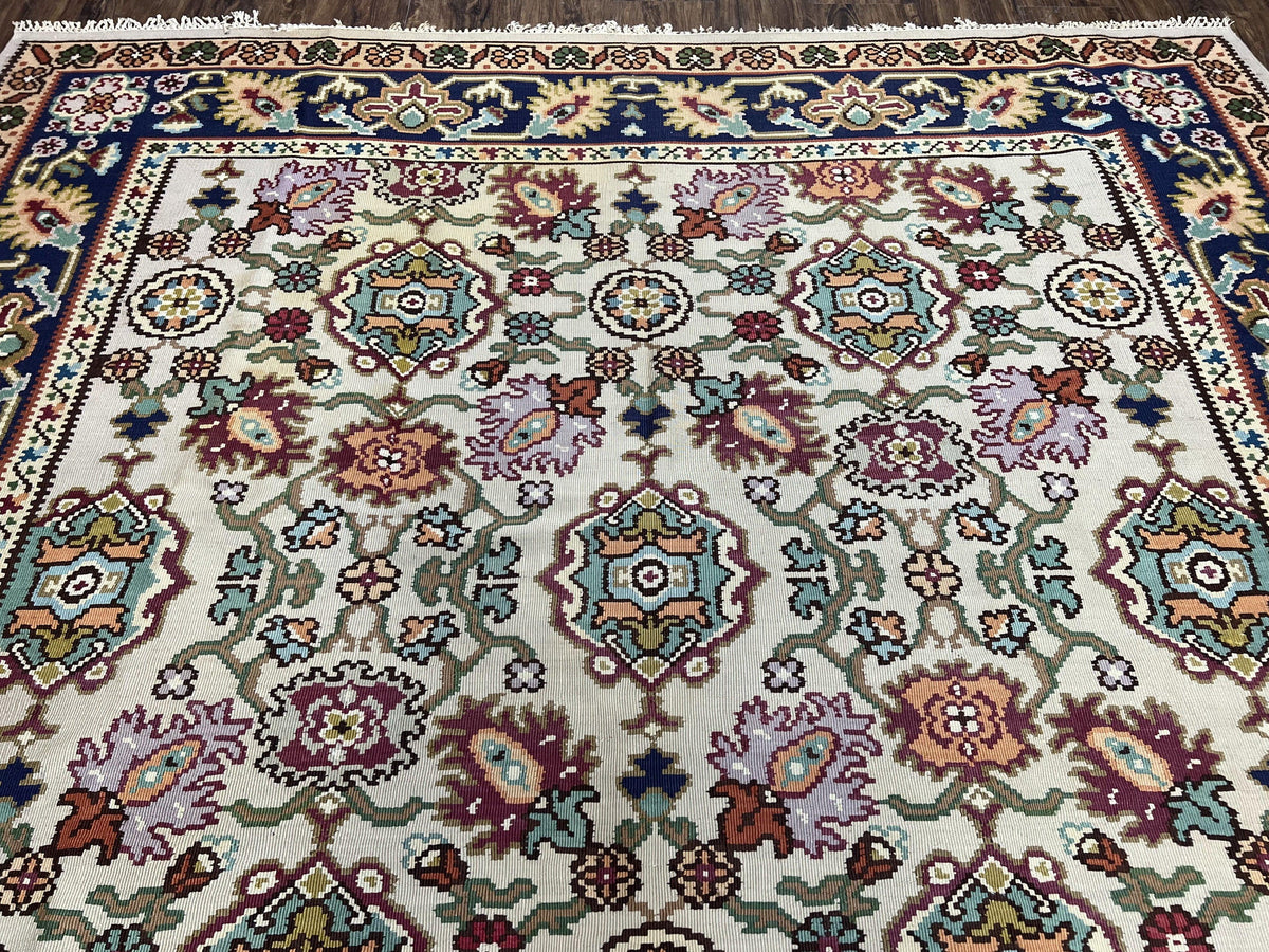 Antique Turkish Kilim Rug 7x10 Allover Pattern, Ivory Cream Maroon Light Blue, Wool Flatweave Hand Woven, Large Kilim, Vintage Kilim Carpet
