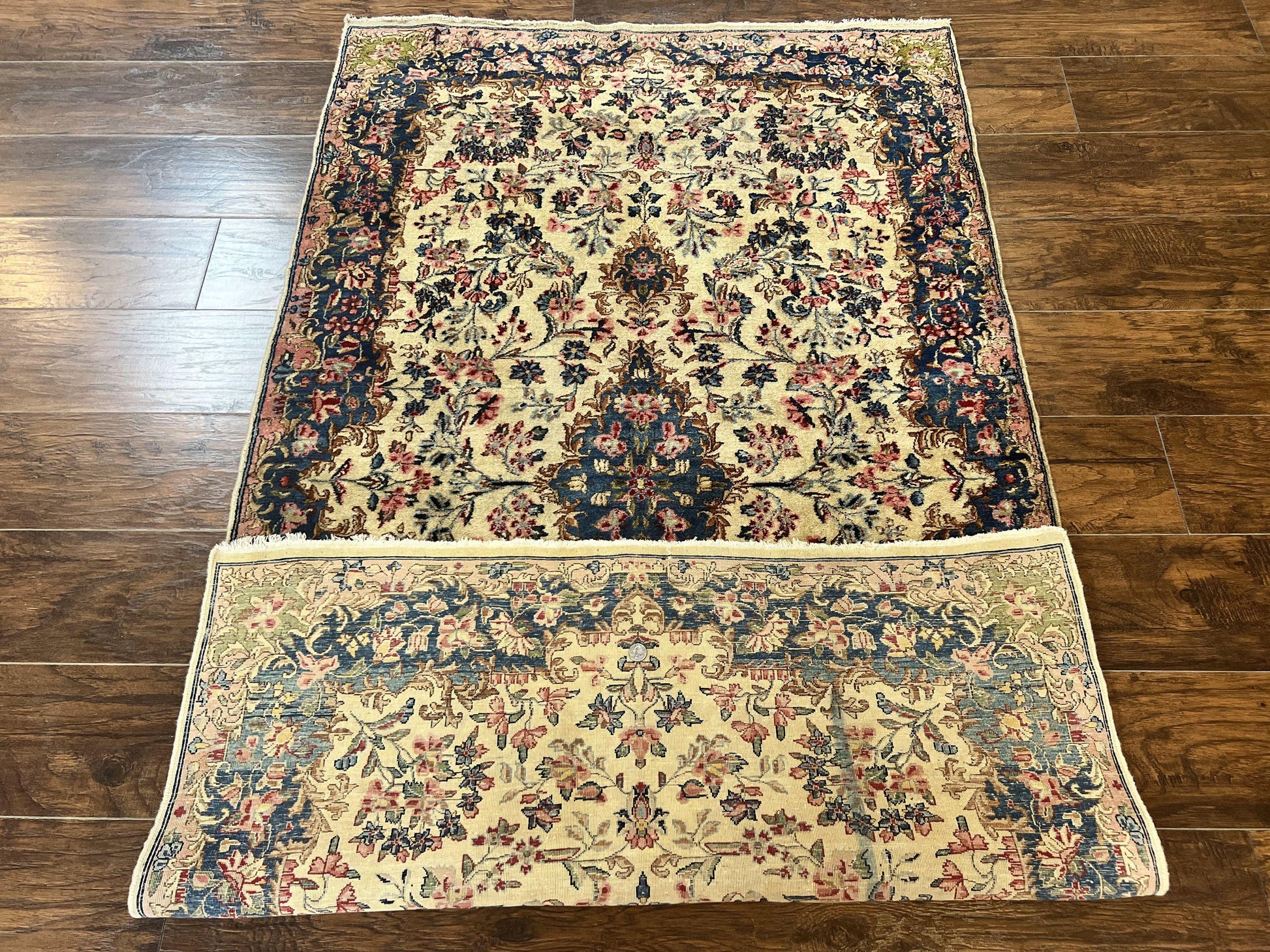 Antique Persian Kirman Rug 4x7, Cream and Navy Blue, Hand Knotted Wool Floral Carpet - Nuvé