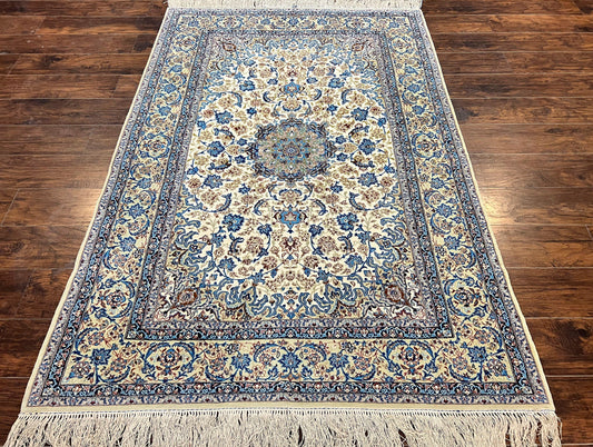 Persian Isfahan Rug 5x8, Kork Wool on Silk Foundation, 440 KPSI, Handmade Vintage Carpet, Floral Medallion Oriental Rug, Ivory & Blue, Very Fine - Nuvé