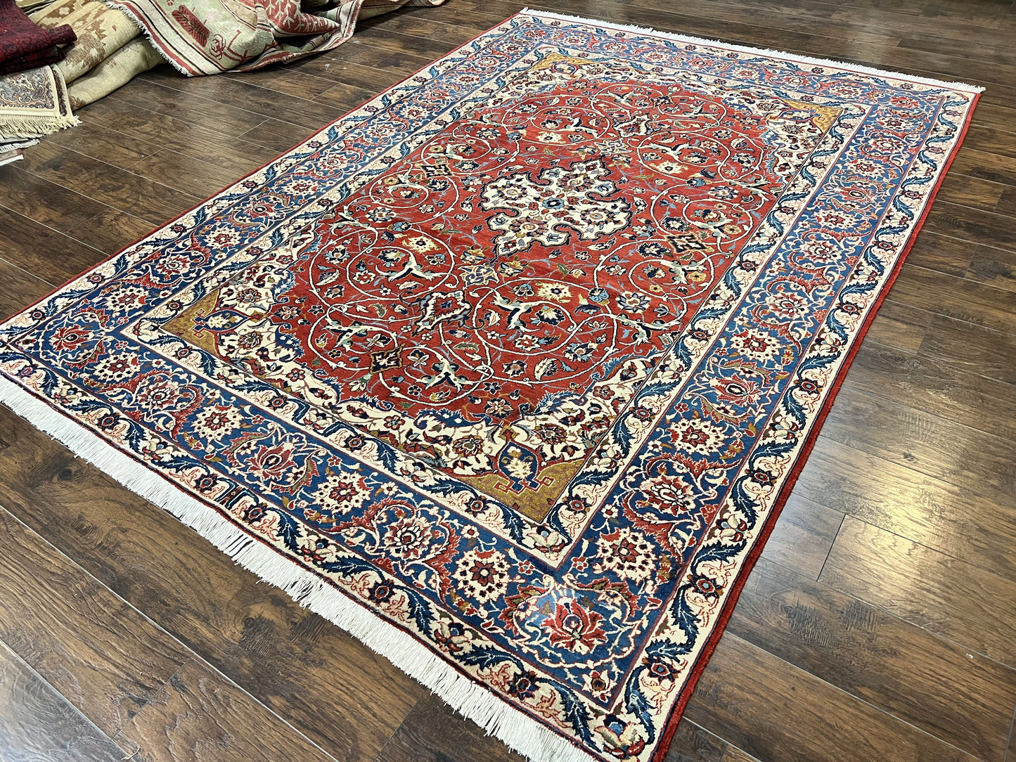 Red Persian Isfahan Rug 7x10 - Antique, Floral Medallion - Nuvé