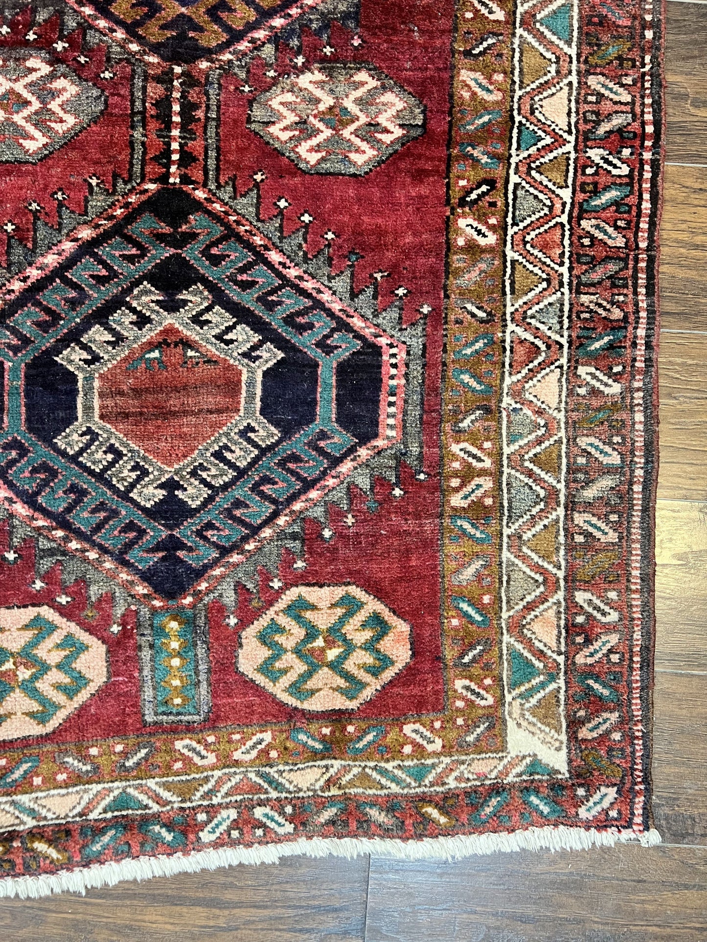 Persian Heriz Runner Rug 3.8 x 8.6, Geometric Design, Large Triple Medallions, Hand Knotted Handmade Vintage Wool Hallway Rug, Red