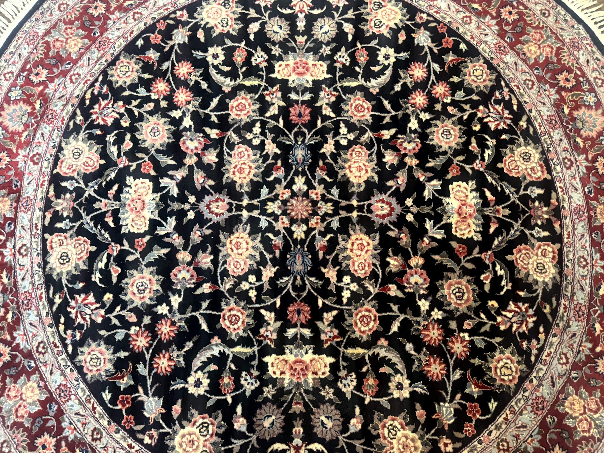 Round Sino Persian Rug 6x6, Floral, Navy Blue and Red, Wool and Silk Highlights - Nuvé