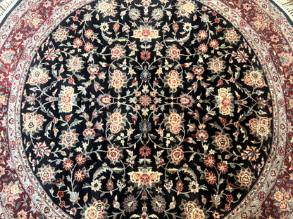 Round Sino Persian Rug 6x6, Floral, Navy Blue and Red, Wool and Silk Highlights - Nuvé