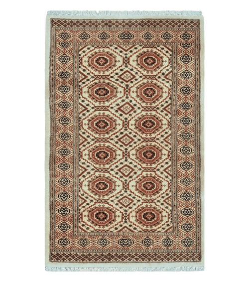 4' X 7' Vintage Handmade Pakistani Turkoman Bokhara Balouch Woven Wool Rug Ivory