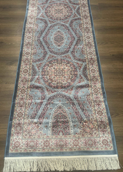 Turkish Silk Runner Rug 2.6 x 13, Blue Runner Rug, Dome Design, Bamboo Silk, New - Nuvé