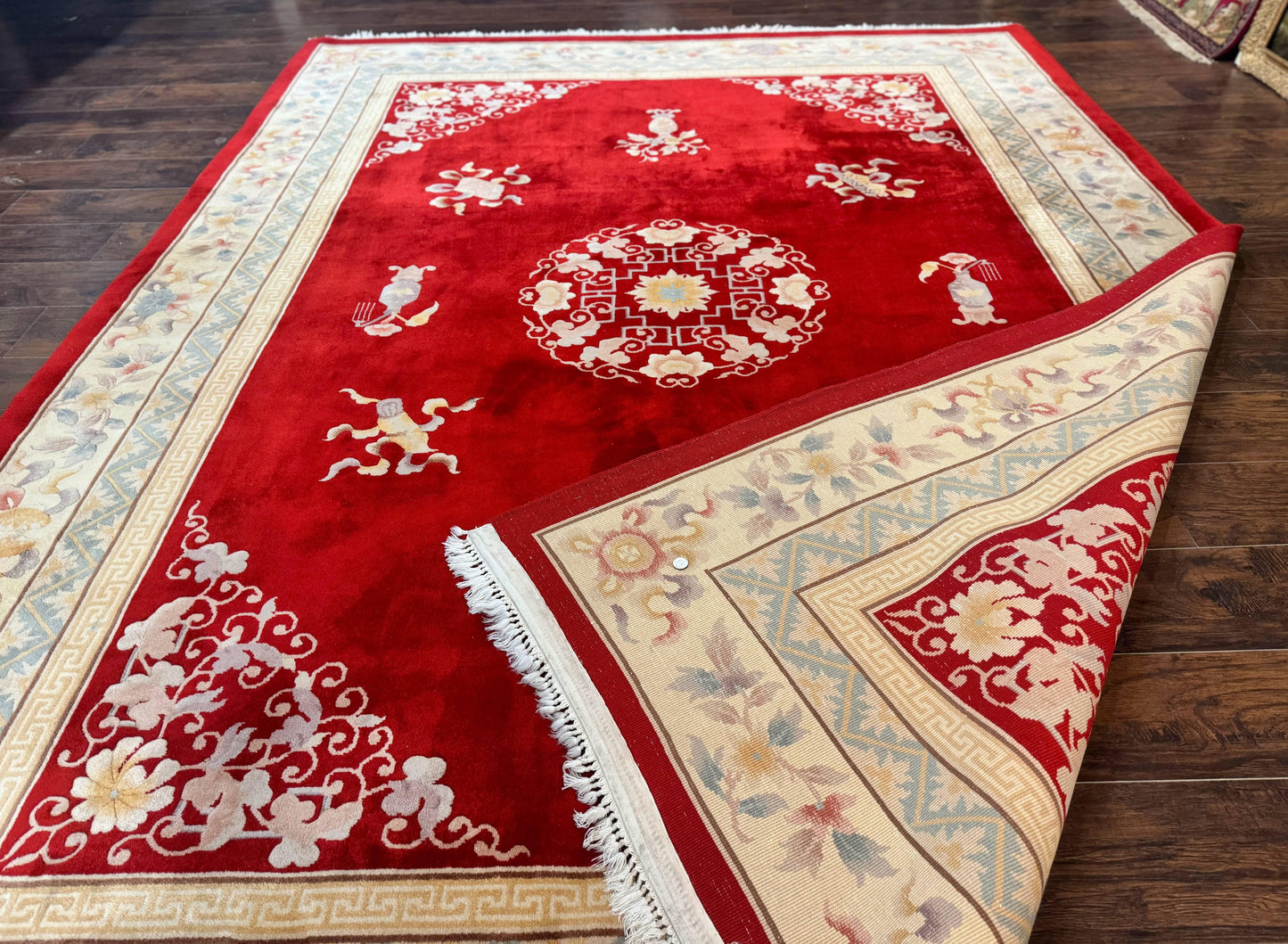 Chinese Wool Rug 8.6 x 11, Red and Beige Asian Oriental Carpet, Plush Pile, Vintage Handmade Chinese Carving Sculpted Rug, Semi Open Field - Nuvé
