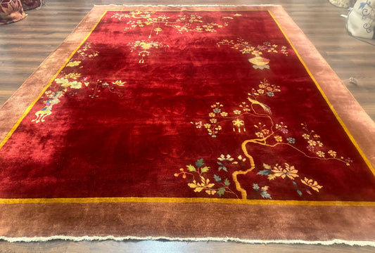Red Chinese Art Deco Rug 9x11, Simple Design, Wool Chinese Area Rug, Antique - Nuvé