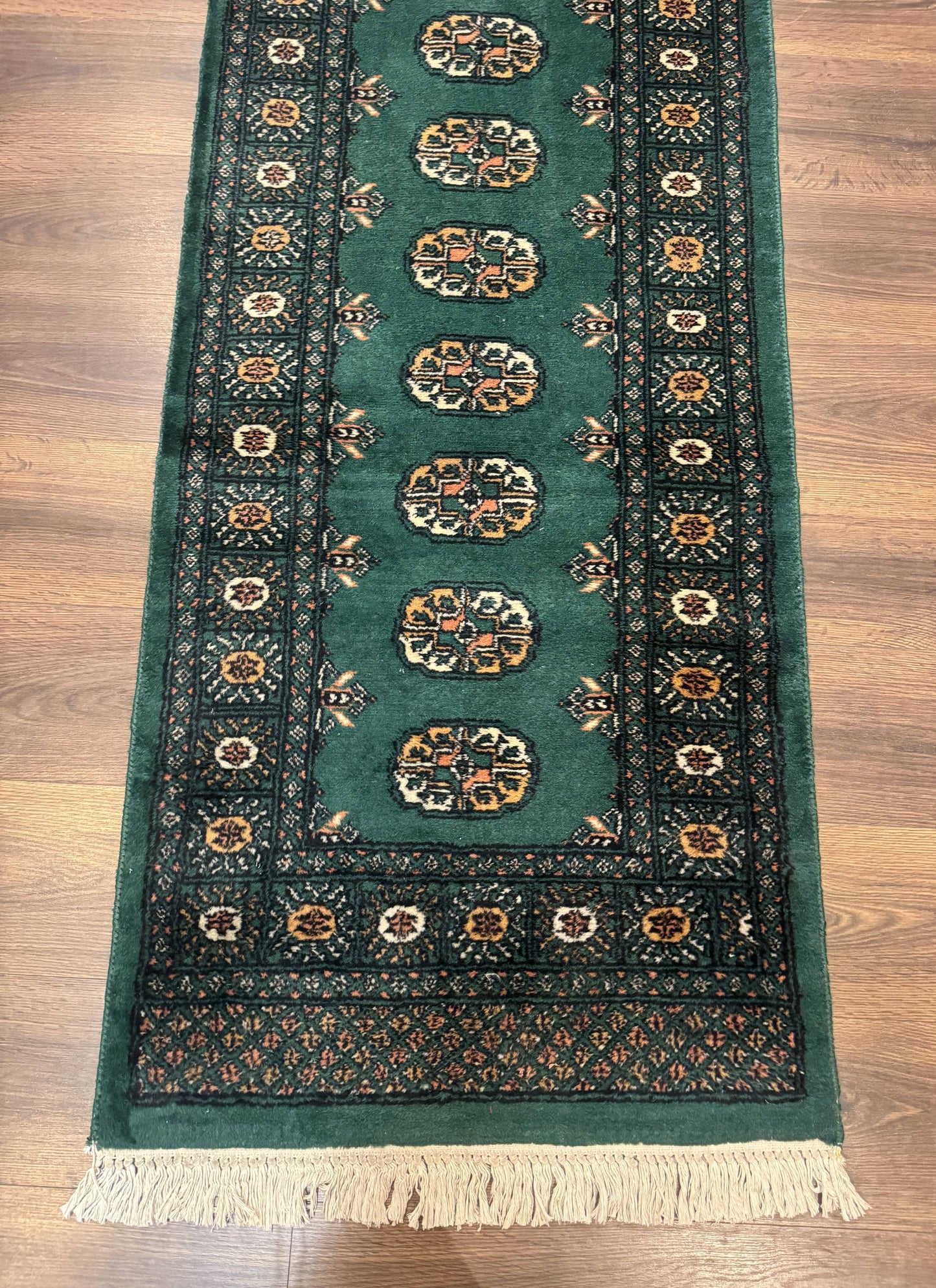 Pakistani Bokhara Runner Rug 2.5 x 11, Green Turkoman Wool Runner for Hallway - Nuvé