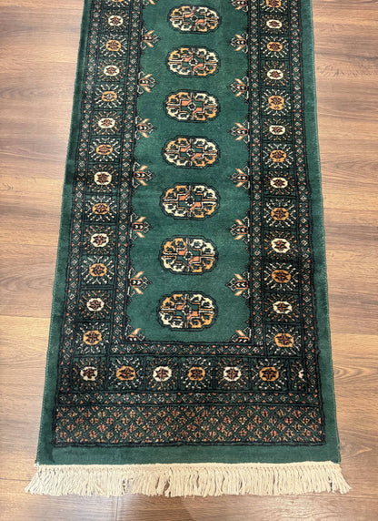 Pakistani Bokhara Runner Rug 2.5 x 11, Green Turkoman Wool Runner for Hallway - Nuvé