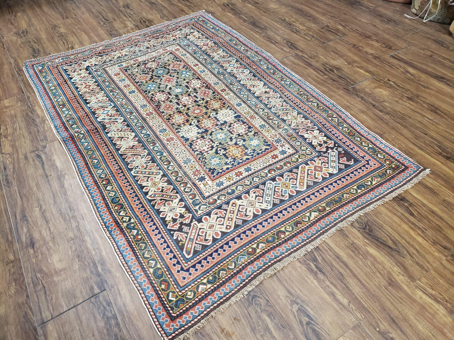 Caucasian Rug 3'9" x 5'7", Antique 1920s Collectible Caucasian Chi Chi Carpet, Hand Knotted, Colorful, Dark Blue Cream Red, Wool, Small Rug - Nuvé