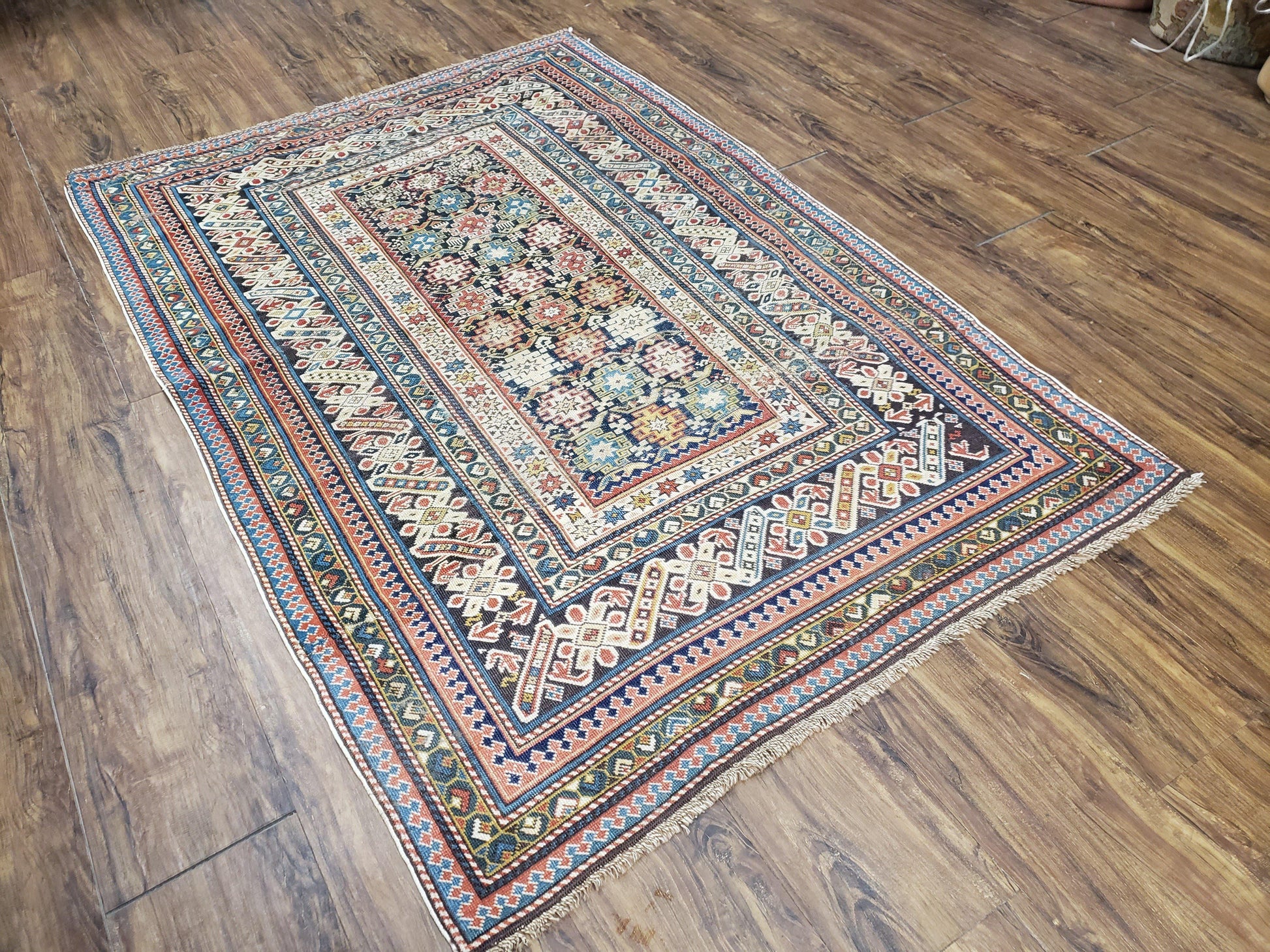 Caucasian Rug 3'9" x 5'7", Antique 1920s Collectible Caucasian Chi Chi Carpet, Hand Knotted, Colorful, Dark Blue Cream Red, Wool, Small Rug - Nuvé
