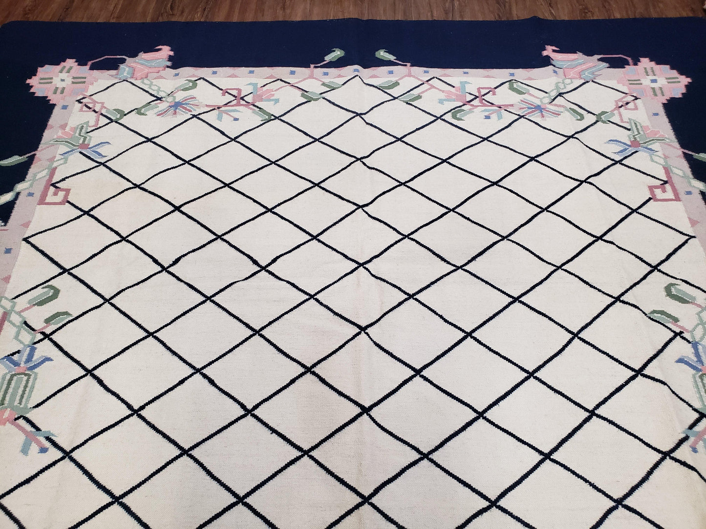 Vintage Dhurrie Rug, Indian Dhurrie 8x11 - 9x11, Wool Hand-Woven Ivory & Black Indo Carpet, Large Flat Weave Rug Living Room Rug Black White - Nuvé