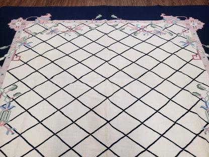 Vintage Dhurrie Rug, Indian Dhurrie 8x11 - 9x11, Wool Hand-Woven Ivory & Black Indo Carpet, Large Flat Weave Rug Living Room Rug Black White - Nuvé