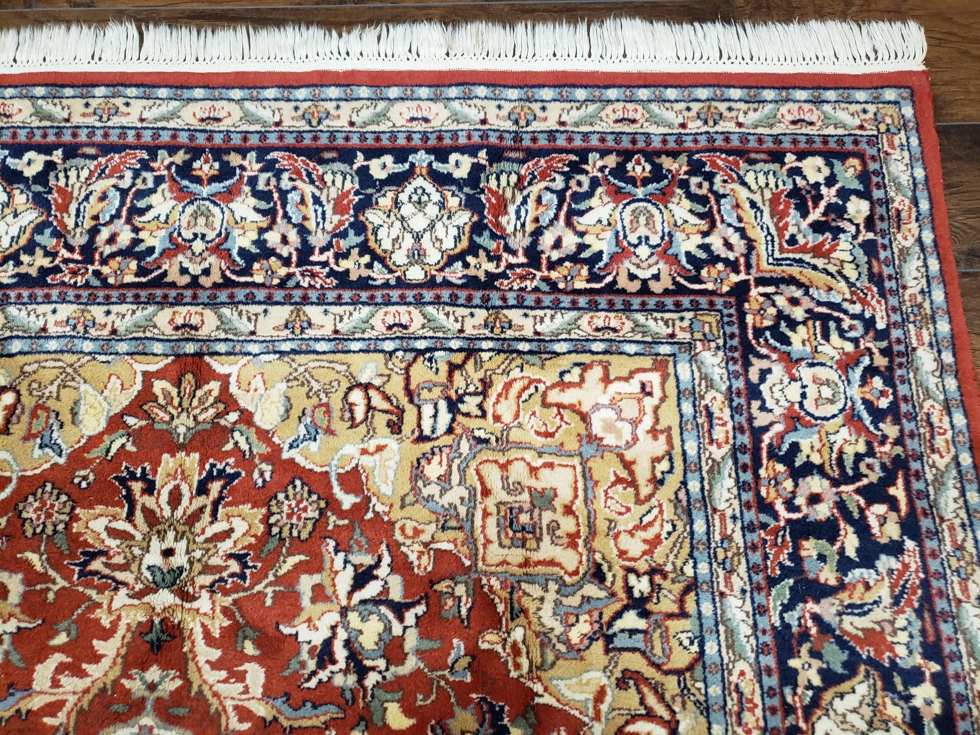 Vintage Indo Persian Oriental Rug 6 x 9.6, Wool Hand-Knotted Red Dark Blue & Gold Indian Carpet, 6 x 9 Office Room Rug, Floral Medallion - Nuvé