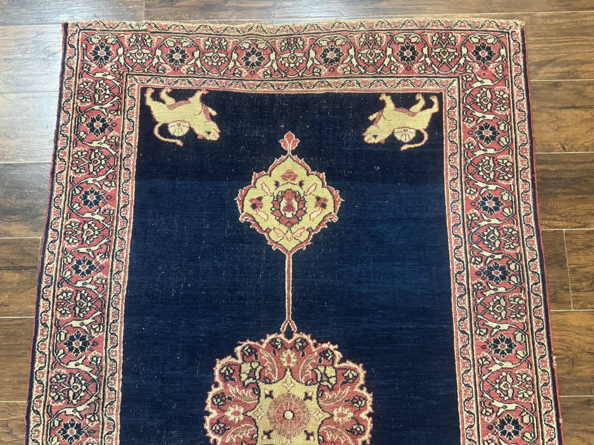 Antique Persian Mashad Rug 4x6, Semi Open Field, Navy Blue, Lion Pictorials, Triple Medallion, Dorokhsh Rug - Nuvé