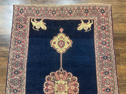 Antique Persian Mashad Rug 4x6, Semi Open Field, Navy Blue, Lion Pictorials, Triple Medallion, Dorokhsh Rug - Nuvé