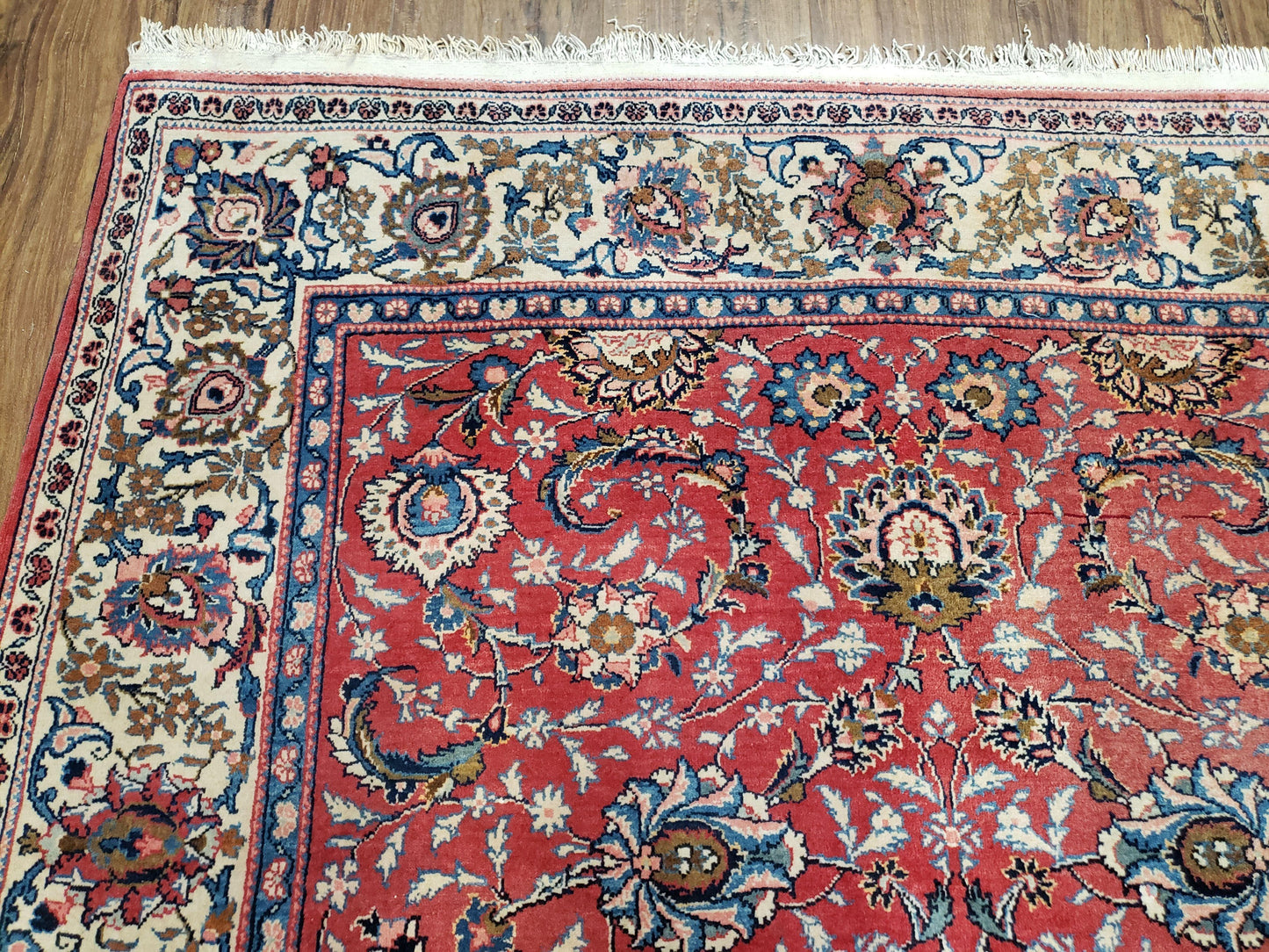 Semi Antique Persian Kashan Rug, Red & Beige, Hand-Knotted, Wool, 4'7" x 6' 6", Pair B - Nuvé