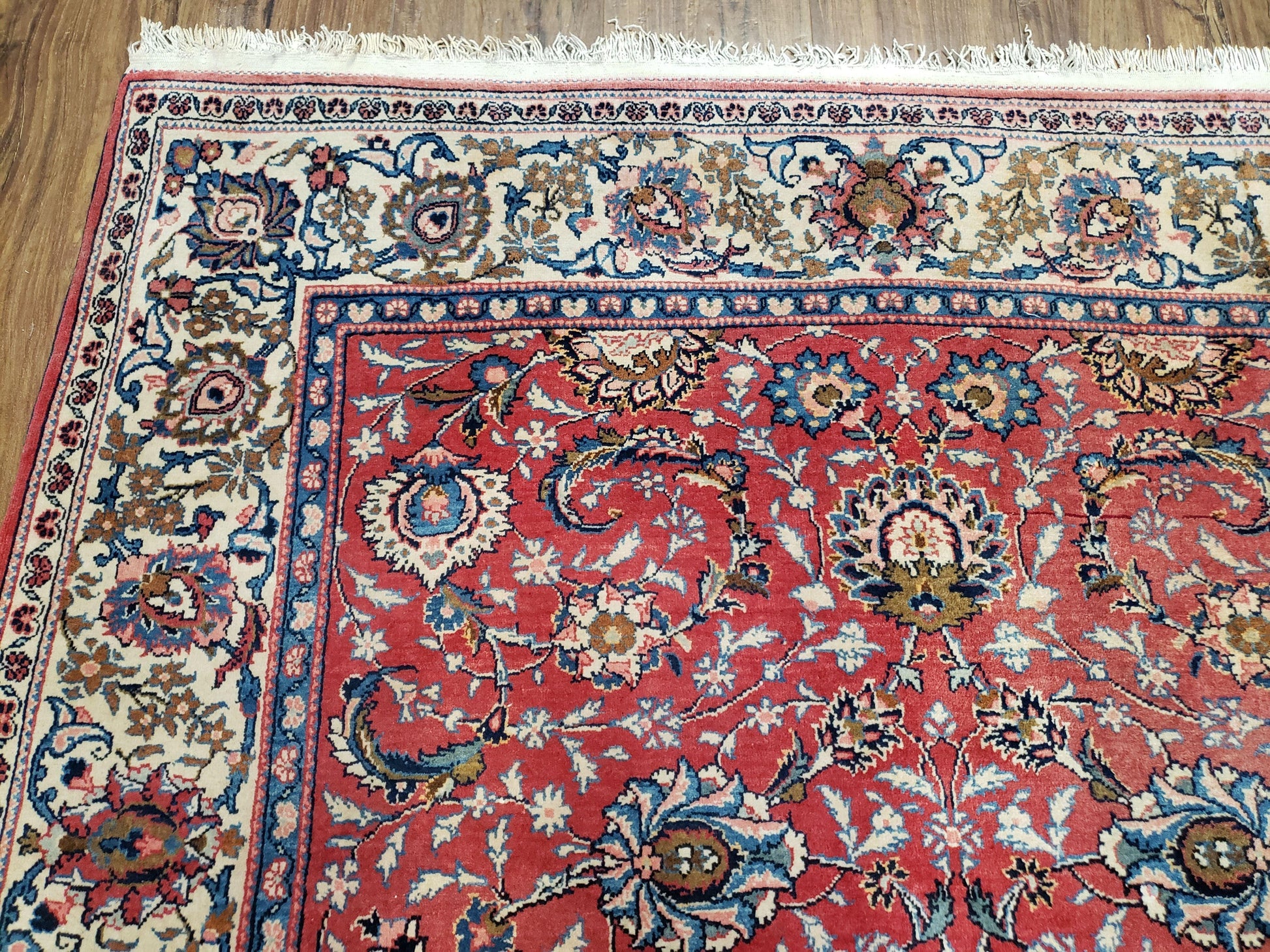 Semi Antique Persian Kashan Rug, Red & Beige, Hand-Knotted, Wool, 4'7" x 6' 6", Pair B - Nuvé