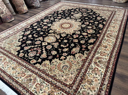 Sino Persian Rug 9x12, Black and Beige, Floral Medallion, Wool & Silk, Handmade - Nuvé